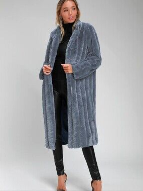 Cozy Queen Slate Blue Faux Fur Long Coat